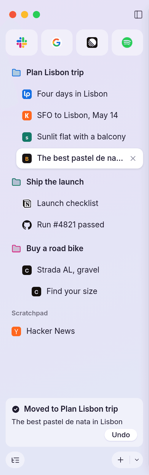 Three tasks in a calm sidebar, with Undo on the last move